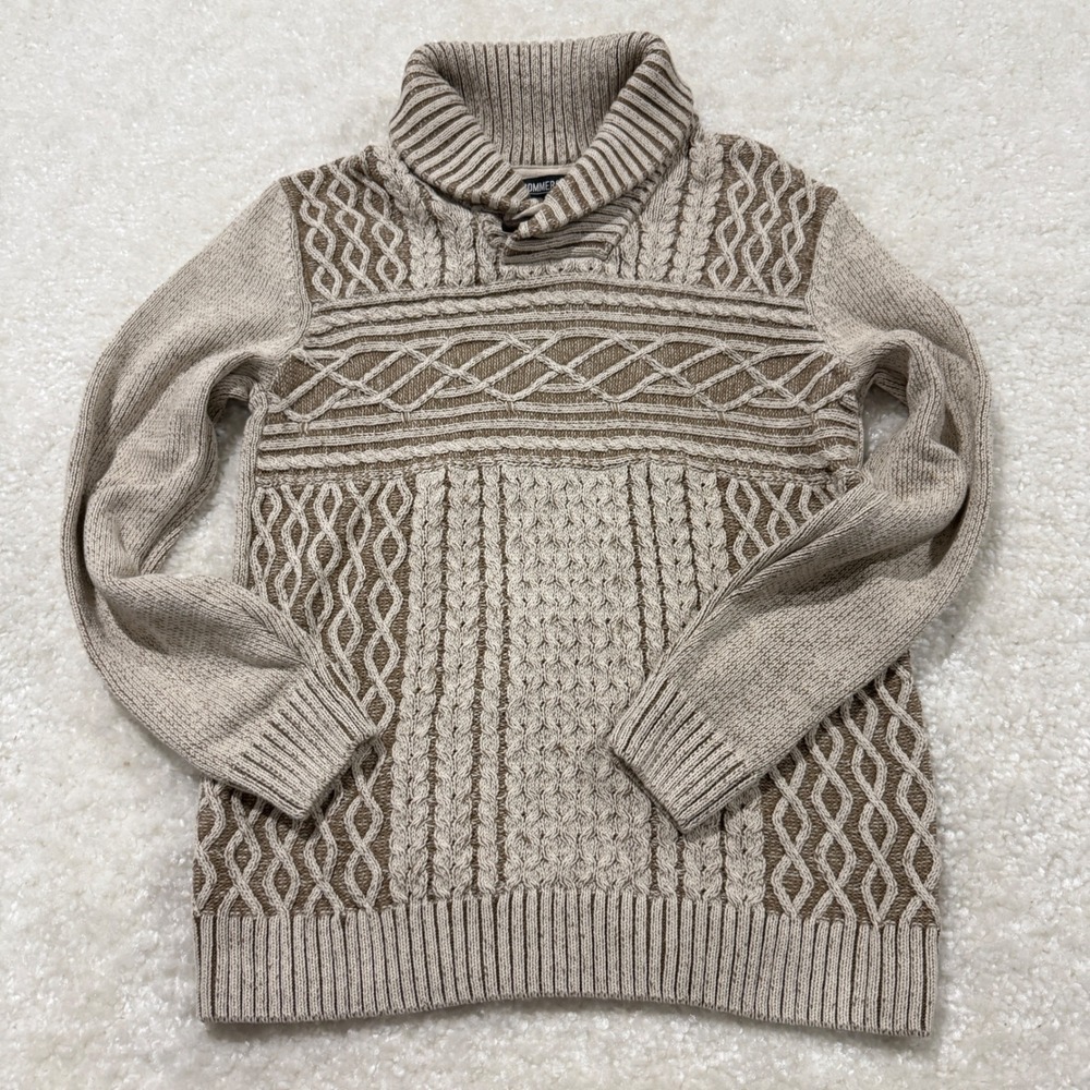 Commerce Shawl Neck Sweater Mens Medium Tan Cable Knit Pullover Fisherman